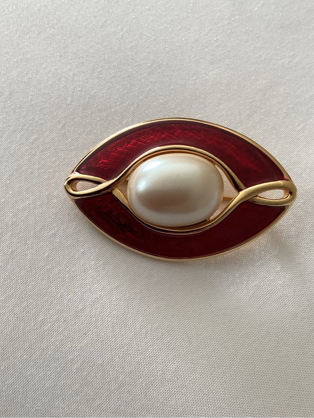Monet Red Guilloche Style Enamel Faux Pearl Brooch Pin Vintage